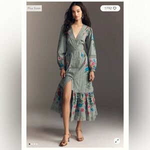 By Anthropologie Floral Vines Printed Button Front Crochet Inset Midi Dress XL